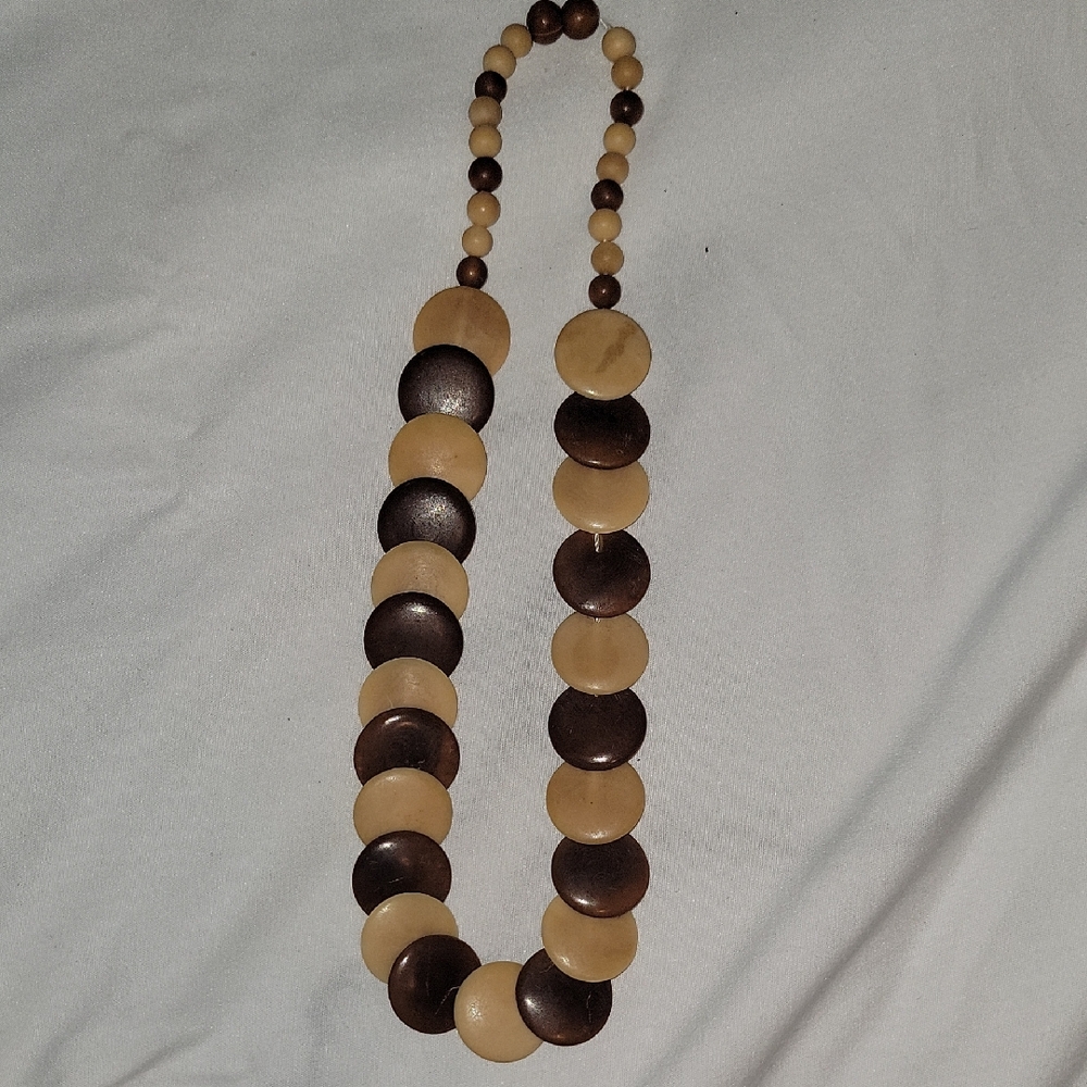 Natural Wood Disc Bead Necklace - Brown & Cream